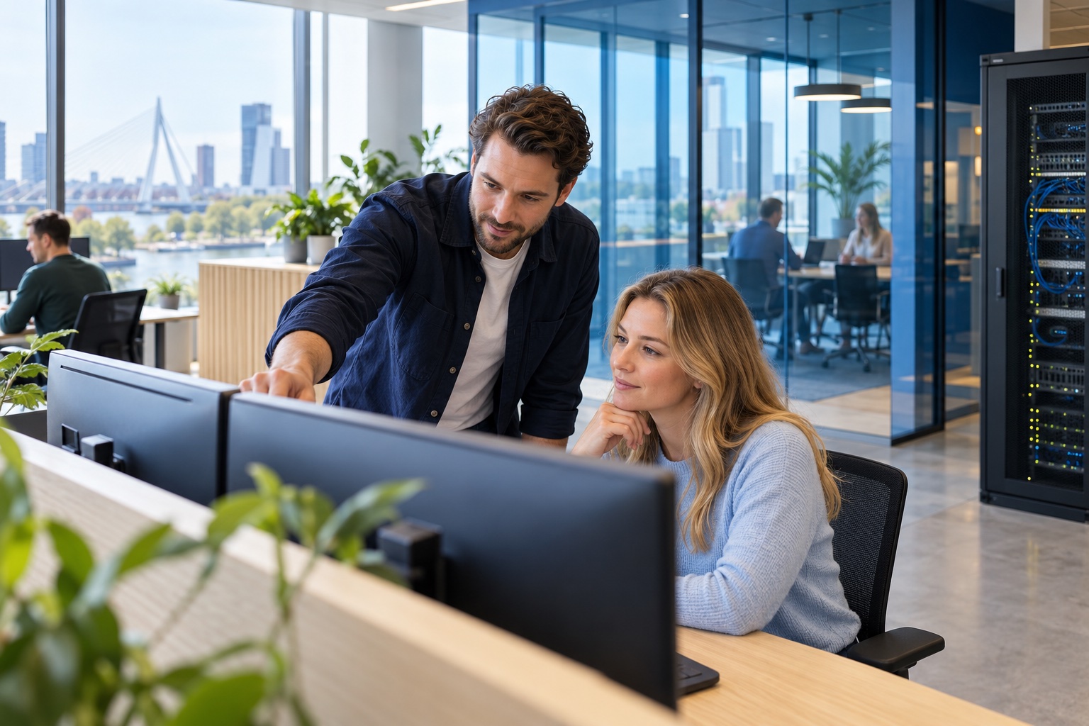 AI-sfeerbeeld van IT-ondersteuning op kantoor